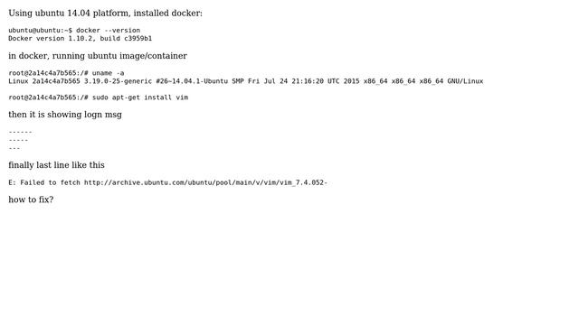 Ubuntu: Unable to install vim on docker's ubuntu container смотреть онлайн
