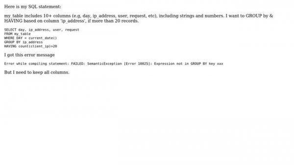 HIVE SQL [Error 10025]: Expression not in GROUP BY key