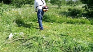 Покос травы бензотриммером с диском.