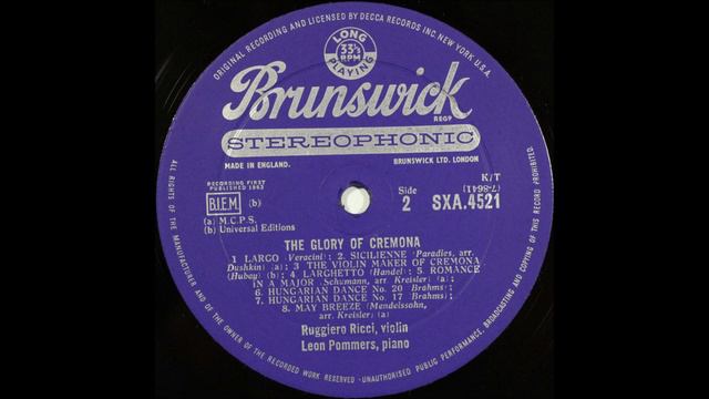 The Glory Of Cremona ,  Brunswick SXA 4521 , RICCI, VIOLIN