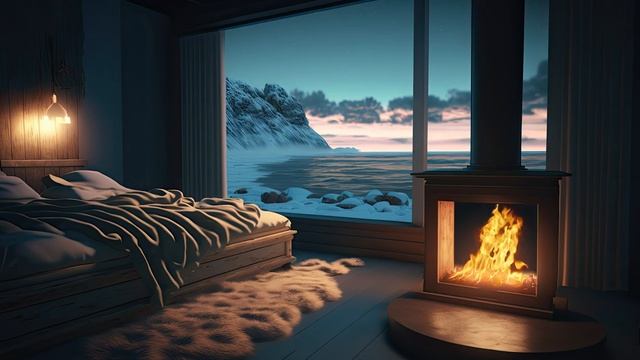 Уютная хижина на замерзшем зимнем море со звуками камина смотреть онлайн