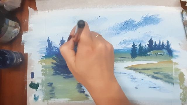 Как нарисовать осень легко. Как нарисовать пейзаж гуашью. Рисуем реку. Правополушарное рисование. смотреть онлайн