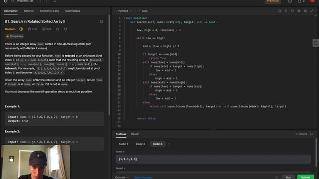 Search in Rotated Sorted Array II | 81 Leetcode | Python3 смотреть онлайн