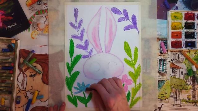 Рисуем зайчика масляной пастелью и акварельными красками. смотреть онлайн
