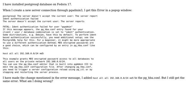 Setting up postgresql server connection with pgadmin3 fails with Exception смотреть онлайн