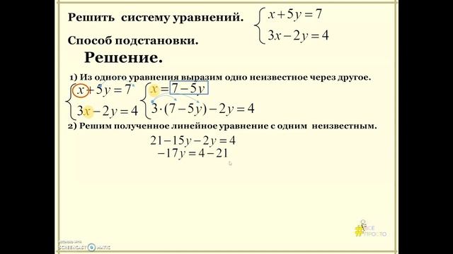 6 класс, Математика, Решение системы линейных уравнений с двумя переменными способом подстановки. смотреть онлайн