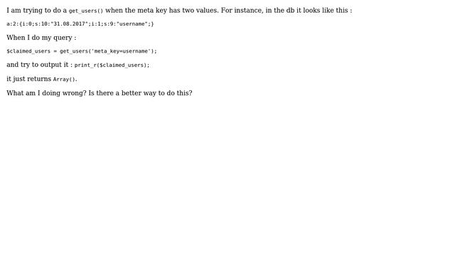 Wordpress: get_users when from meta key that has serialized values смотреть онлайн