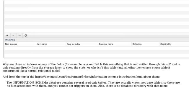 Databases: Why are there no indexes contained in the information_schema database? смотреть онлайн