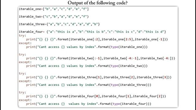 Test on Basics of Python - Iterables, Slicing, Formatting, Try except смотреть онлайн
