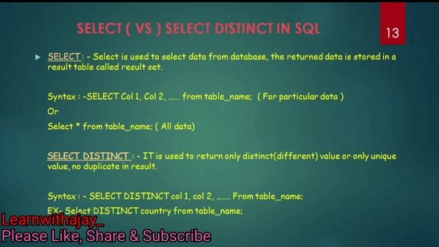 Difference between Select & Select Distinct in SQL || SQL in Hindi || By Ajay Yadav смотреть онлайн