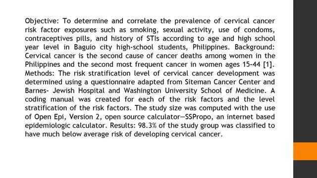 Cervical Cancer Risk Factors among Female High School Students in Baguio city WSR 41 1 9 смотреть онлайн