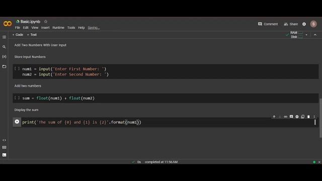 Python Program To Add Two Numbers With User Input which shown in colab. смотреть онлайн