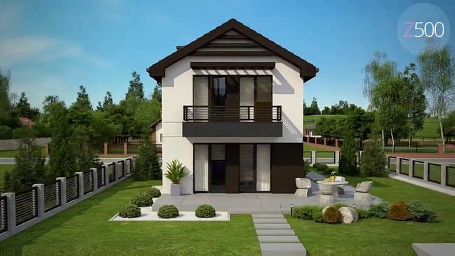 Z374 Проект двухэтажного дома в современном стиле, подойдет для строительства на узком участке. смотреть онлайн