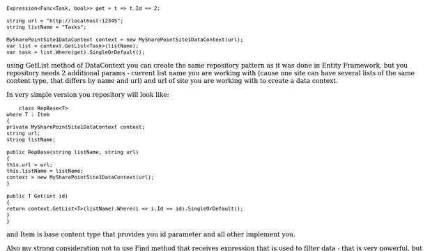 Sharepoint: LINQ to Sharepoint - Repository pattern and common methods in repositories смотреть онлайн