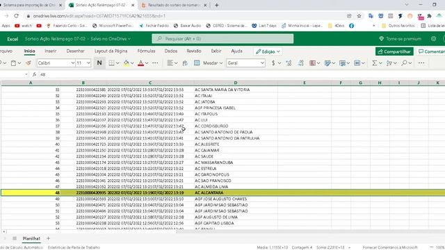 Sorteio Ação Relâmpago 07 02 Microsoft Excel Online Google Chrome 2022 02 08 09 06 25 смотреть онлайн