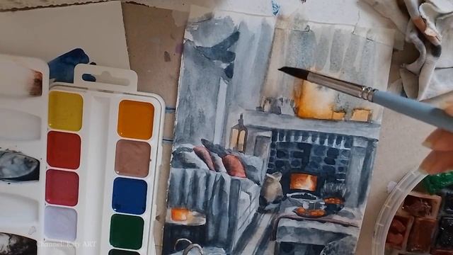 РИСУЮ акварелью ИНТЕРЬЕР с камином | Interior смотреть онлайн