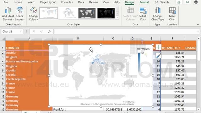 Create a Map Chart using the COUNTRY and SHIPMENTS columns of the table. The map area should... смотреть онлайн