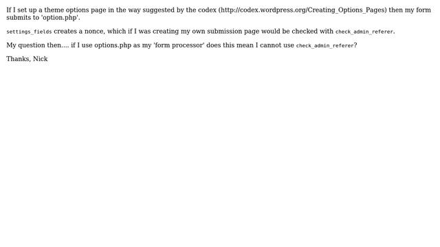 Wordpress: Use of check_admin_referer with theme options and options.php смотреть онлайн
