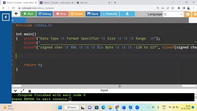 C Program For Printing A Table - Including Data Type, Format Specifier, Size and Range of Data Type смотреть онлайн