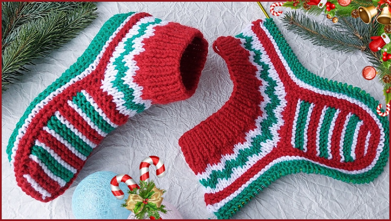 Рождественские домашние следки спицами. Следки- носочки на двух спицах. смотреть онлайн