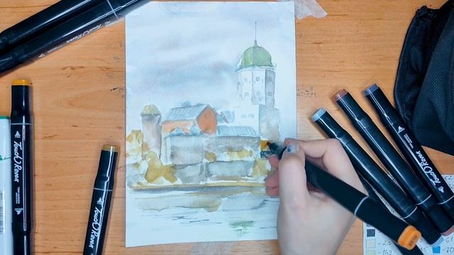 Как быстро и просто нарисовать скетч акварелью и маркерами: Выборгский замок. Выборг смотреть онлайн