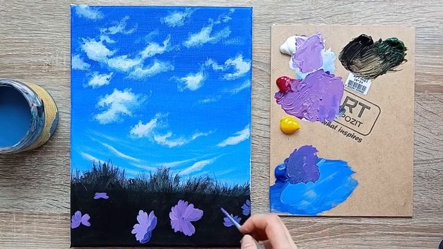 Рисуем весенний пейзаж акриловыми красками на холсте. Как нарисовать цветок КОСМЕЯ. смотреть онлайн