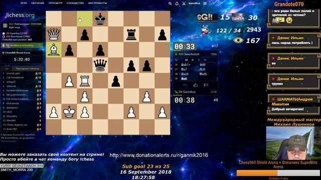 Шахматный турнир Chess960 Shield Arena на Личессе + Заказы, Блиц, Онлайн, Стрим. 16.09.2018 смотреть онлайн