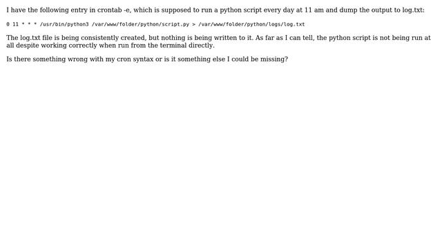 Cron job creating output file, but not running Python script смотреть онлайн