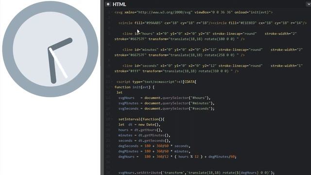 SVG часы с анимацией на таймере JavaScript смотреть онлайн
