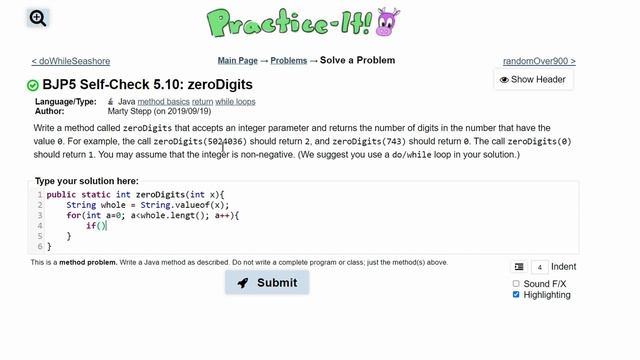 Java Practice It | 5.10 zeroDigits | do/ while, for loop equivalent, String.valueOf(), method retur смотреть онлайн
