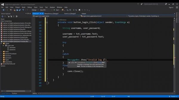 Login Form in C# windows form application with SQL database in Visual Studios.