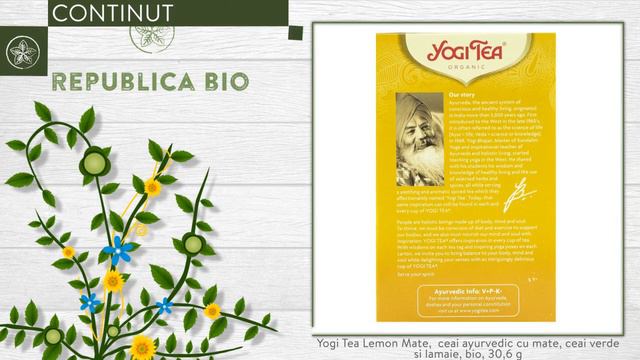 Yogi Tea Lemon Mate,  Ceai Ayurvedic Cu Mate, Ceai Verde Si Lamaie, Bio, 30,6 G