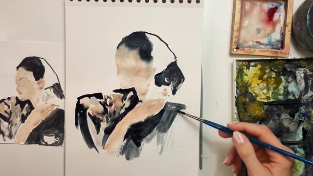 "Мадмуазель" упражнение акварелью без использования карандаша. смотреть онлайн