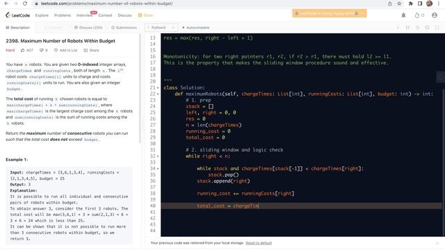 Leetcode 2398-s2. Maximum Number of Robots Within Budget-two-pointer sliding window, monotonic stac смотреть онлайн