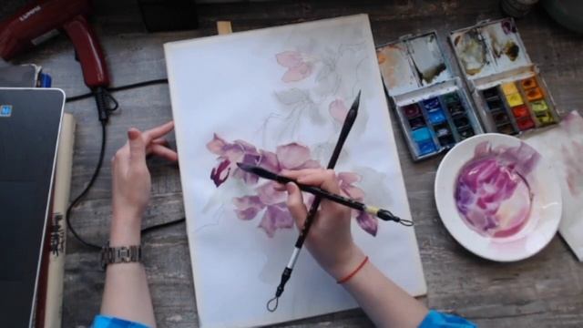Ветка вишни. Акварель. Рисует Татьяна Калина смотреть онлайн