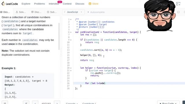 Leetcode Question 40 "Combination Sum II" in Javascript смотреть онлайн