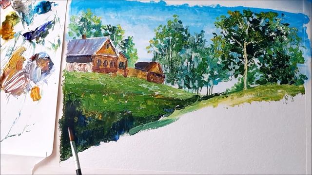 КАК НАРИСОВАТЬ ДЕРЕВЕНСКИЙ ПЕЙЗАЖ АКРИЛОМ-МАСТИХИНОМ //DRAW A LANDSCAPE WITH ACRYLIC смотреть онлайн