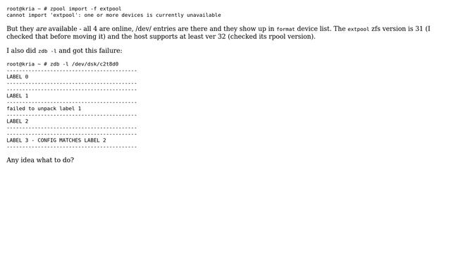 zpool import - cannot import: one or more devices is currently unavailable смотреть онлайн