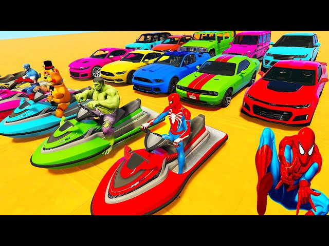 SPIDERMAN CARS Mega ZIG ZAG Ramp Challenge ! SUPERHERO HULK GOKU JET SKI AIRCRAFT BMW Race - GTA V