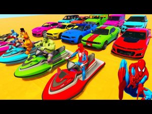 SPIDERMAN CARS Mega ZIG ZAG Ramp Challenge ! SUPERHERO HULK GOKU JET SKI AIRCRAFT BMW Race - GTA V