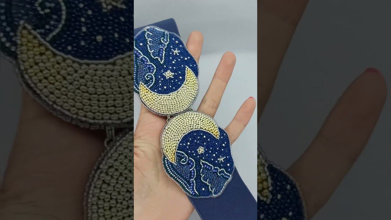 Пояс Темно-синий резинка вышитый бисером Полумесяцы смотреть онлайн