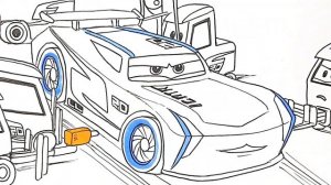 CARS 3 PIT STOPS - Lightning McQueen, Jackson Storm and Cal Weathers . Drawing and Coloring Pages