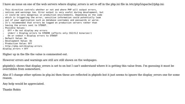 Ubuntu: PHP.ini display_errors Off but Errors Still Outputted to Browser смотреть онлайн