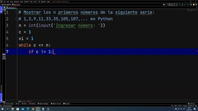 Mostrar los n primeros números de la siguiente serie: 1,3,9,11,33,35,105,107,... en Python смотреть онлайн
