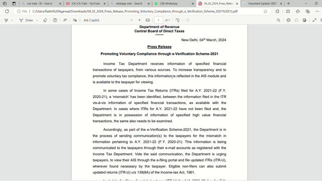 PressReleaseDated -04.03.2024 For Filling ITR (U )datedon31 03 2024 Promoting e-Verify Scheme-2021 смотреть онлайн