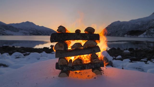 Nordic Winter Fjord 🔥 Polar Night Campfire (12 Hours 4K )