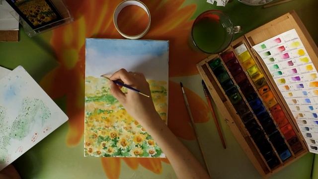 Картина акварелью Поле подсолнухов. Speed painting. смотреть онлайн