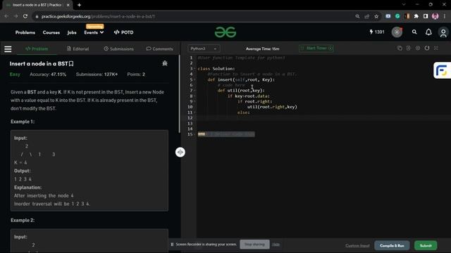 Insert a node in a BST | Geeksforgeeks Problem of the day Python Solution Binary Search Tree смотреть онлайн