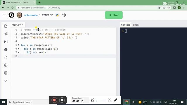 PYTHON PATTERN PROGRAM || PRINT STAR(*) IN LETTER ' L ' PATTERN смотреть онлайн
