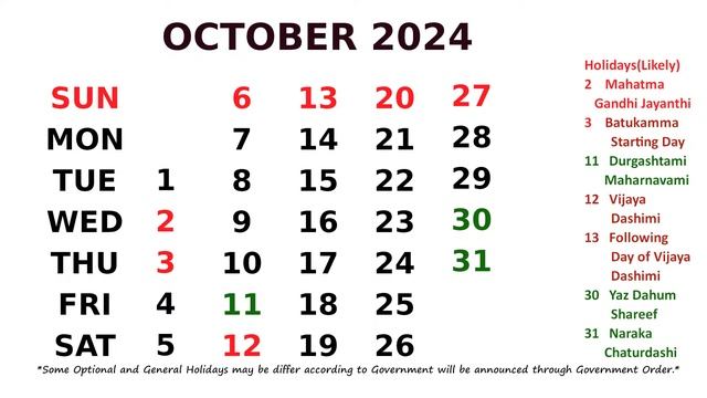 October Calendar 2024